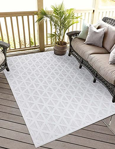 In-& Outdoor Teppich - Quadratisch 150x150 cm - für Innen-& Außenbereich - Wetterfest Balkon-Teppich, Terrasse, Flur, Küche - Wohnzimmer-Teppiche - Hochtief/ 3D-Effekt - Geo-Muster in Grau