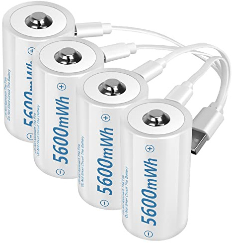 winbasic Rechargeable Lithium D Batteries with 4 in 1 USB-C Charging Cable,1.5V D Size Cell Battery 5600mWh for Flashlight Toys & floodlight (4 Pack)