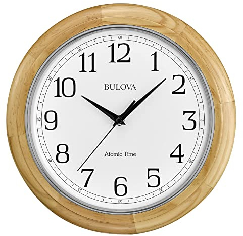 Bulova C5005 Wooden Atomic Analog Wall Clock | Automatically Sets Time | Large Roman Numerals | Battery Operated | Traditional Design