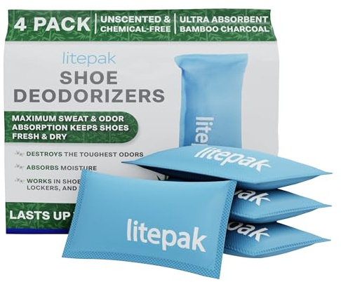 Litepak Shoe Deodorizer and Odor Eliminator Activated Charcoal Odor Absorber for Shoes and Gym Bags, Natural Bamboo Air Freshener for Boots, Closet Or Car (4 Pack)