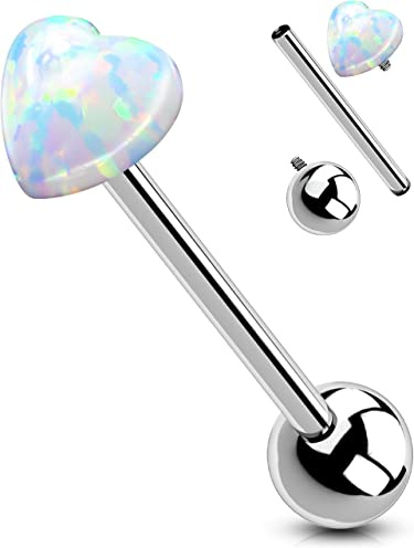 OUFER Titanium Tongue Rings, Heart Piercing Jewelry with White Opal
