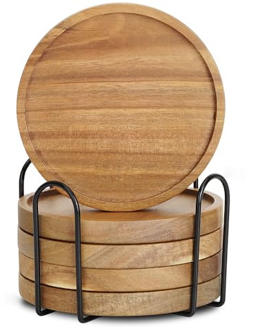 Posavasos de madera de acacia para bebidas con soporte, posavasos redondos con labio, juego de 5 posavasos de cerveza, decoración de bebidas, posavasos modernos de bar, regalo, los mejores posavasos