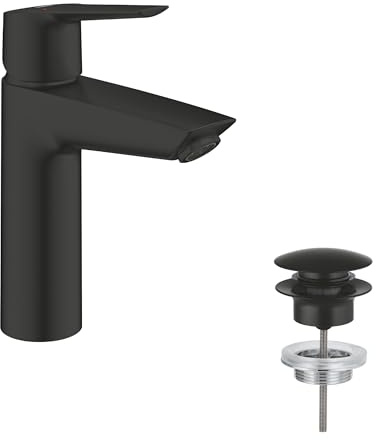 GROHE Start QuickFix – handfatsblandare med push-open avfallssats (M-storlek 192 mm, 28 mm keramisk patron, vattenbesparing, svansar 3/8 tum, lätt att passa med GROHE QuickTool), matt svart, 242042432