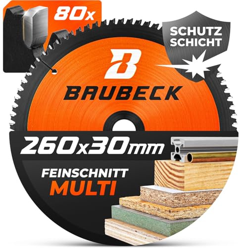 BAUBECK Sågblad 260 x 30 – multimaterial fint snitt – cirkelsågblad 260 x 30 för trä, aluminium, metall och mycket mer. - Sågblad 260 kompatibel med Bosch, Festool och mycket mer.