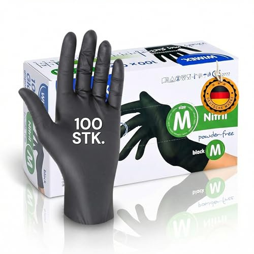 LogiPack GeRo Nitrilhandschuhe schwarz Box Einweghandschuhe, Einmalhandschuhe, Untersuchungshandschuhe, Nitril Handschuhe, puderfrei, ohne Latex, latexfrei, 100 Stück (Größe M)