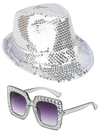 SLAXJNE Chapeau À Paillettes et Lunettes - Décoration De Fête De Bal Disco Pour Femmes Et Hommes