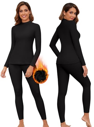WOWENY Thermounterwäsche Damen Fleece Skiunterwäsche Set Winter Unterwäsche Warm Funktionsunterwäsche Thermo Oberteil mit Stehkragen & Thermohose Leggings für Alltag Skifahren Wandern