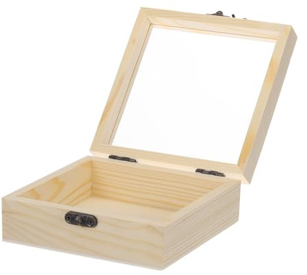 QUARKZMAN Obehandlad trädisplaylåda med gångjärnsförsett lock, 11,5 cm x 11,5 cm x 5 cm Liten förvaringslåda i trä med glaslock för gör-det-själv-hantverk, samlarobjekt, beige