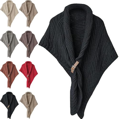 Multifunktionaler Dreieckstuch für Damen, gestrickter Dreieckstuch mit Lederschnalle, lässiger vielseitiger Schal, Schwarz , Einheitsgröße