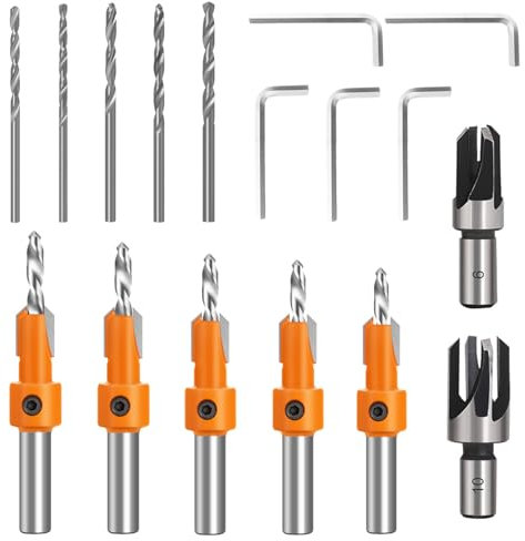 Set di Punte da Trapano Per Svasare, 5 Pezzi Svasatore per Legno 8mm, 5 Pezzi Trapano Sostituibile 2.8/3 / 3.2/3.5 / 4mm, 5 Pezzi Chiave Esagonale, 2 Pezzi Spina in Legno Diamante (colore arancione)