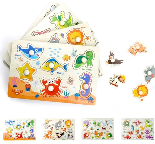 SI SEN 4 Stück Steckpuzzle Holz, 4 Themen Greifpuzzle für Babys ab 1 Jahr mit Dino, Insekt, Wald- & Meertieren, Montessori Lernspielzeug zur Förderung von Motorik & Kognition, Kindergeschenke