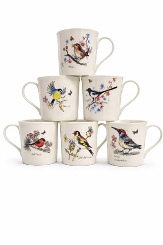 Tamersgifts Dandy Lines British Bird Fine Bone China Mugs, Set of 6, 350ml, Microwave and Dishwasher Safe, White