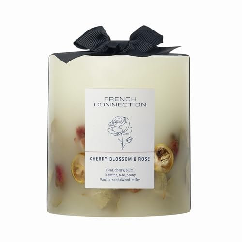 French Connection Scented Candle Botanical Pillar Candle | Aromatherapy Candles Gifts for Women & Men- (660g/50hr) Burn Time | Long-Lasting Large Candle Housewarming Gift (Cherry Blossom & Rose)