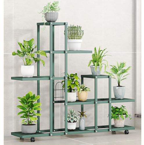 Blumenständer Pflanzenständer Mit Rollen, Pflanzenregal Indoor Outdoor Blumentreppe, Metall Blumenregal Pflanzregal Pflanzentreppe Blumenbank für Wohnzimmer Garten Balkon, 93 B x 26 T x 91.5 H cm