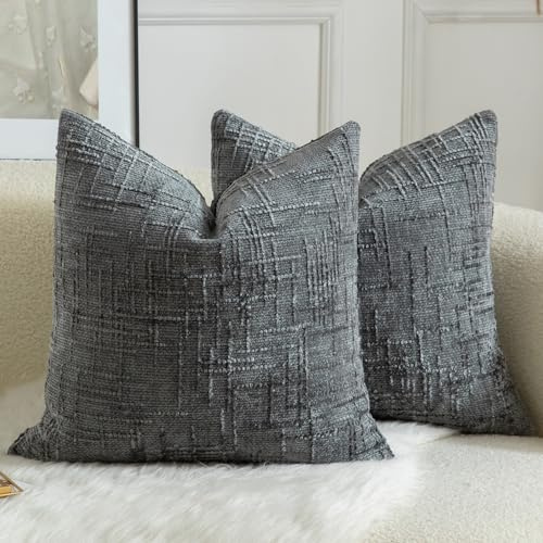 Mandioo 2er Set Chenille Kissenbezug Dekorativer Kissenbezüge Gemütlicher weichen Kissenhülle Sofakissen Dekokissen Couchkissen Zierkissenbezug Schlafzimmer Wohnzimmer 60x60 cm Dunkelgrau