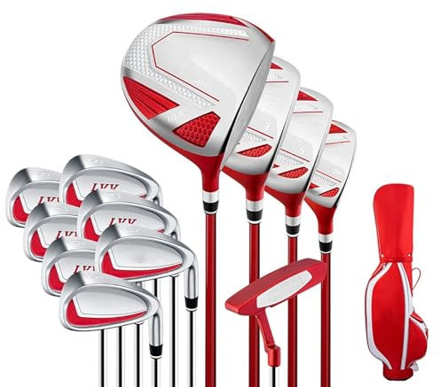 KLYDBMYT Komplettes Golfschlägerset, 12-teilig, inkl. Driver, inkl. 460 cc Alloy Driver, 3 & #5 Fairwayhölzer, Hartholz, 5#, 6#, 7#, 8#,9#, Pw#, Sw# Eisen, Putter und Damen-Golftasche