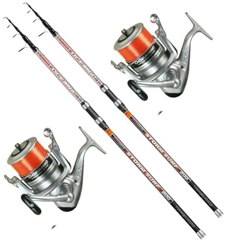 Kit de Surfcasting con caña telescópica Trabucco Oceanic Storm Surf de 4.20 m 200gr + Carrete Trabucco (2 cañas + 2 Oceanic 8000)