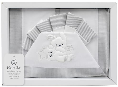PASTELLO - Coordinato Lettino 3 Pezzi, 100% Cotone per Neonati, Completo Lenzuola con Ricamo (Art. LL1F, PERLA)