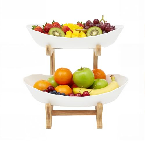 Repomanda 2 Tier Fruit Bowl with Bamboo Stand Fruit Kitchen Countertop Rack Split Design Detachable Fruit Basket for Dinner Parties, Dining Tables, Weddings, Birthday Parties, Snack Buffets