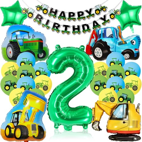 28 Stück Bagger Luftballons Set, Geburtstagsdeko 2 Jahre Jungen | Baustellen Folienballon, Zahl-2-Ballon, Latexballons, Banner, Traktor Geburtstag Deko, für Kindergeburtstag, Baustellen-Party