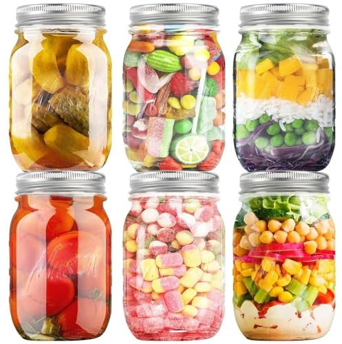 BREFR Glass Mason Jars 16oz (6-Pack) – Regular Mouth with Lids & Seal Bands | Airtight for Pickling, Canning & Food Storage | Ideal for Jams, Overnight Oats & Home Decor