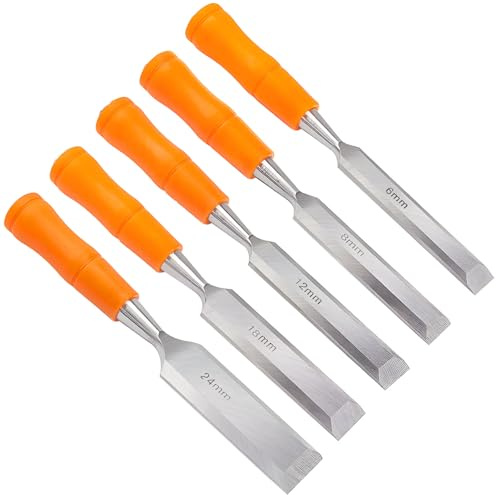 5 Pcs Wood Working Chisel Set with Bevel Edge,Carving Heavy Duty Hand Wood Chisel Sets Non-Slip Soft Handle,Wood Carving Tools for Carpentry Joinery Sculpting(6mm, 8mm, 12mm, 18mm, 24mm)