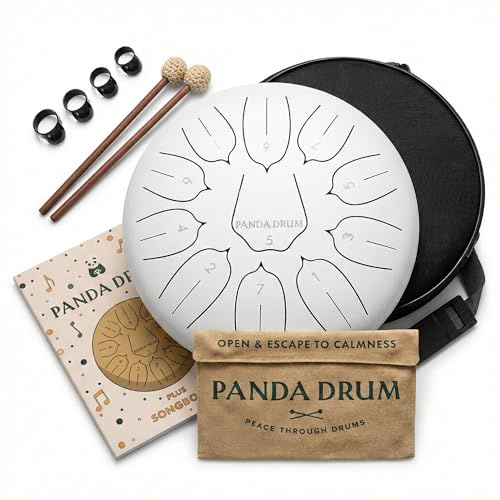 Panda Drum Plus (White) | Steel Tongue Handpan with Music Book, Mallets, Carrying Bag & Finger Picks | 11 inch, 432 Hz | Rain Drum for Inside & Outside | Calming Musical Instrument for Adults & Kids
