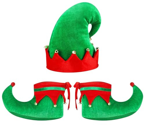WEINIBAO Cappello Elfo Natale Scarpe da Elfo per Bambini, Accessori Costume Elfos di Natale con Cappello da Elfos Copriscarpe da Elfoss, Cappellino da Elfoss per Ragazzi Ragazze Natales Cosplay (B)