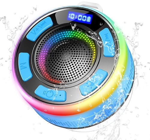 Enceinte Bluetooth Douche, Mini Enceinte Bluetooth 5.3 avec HD Mic, Lumière LED, 360° Stéréo Enceinte Portable, Haut Parleur de Douche avec Ventouse Puissante, Étanche IP7 pour Salle de Bain,Extérieur