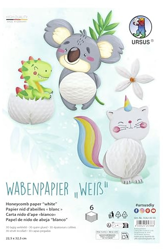 Ursus 1642 00 00 - Wabenpapier Weiß, 6 Stück, ca. 22,5 x 32,5 cm, 30-lagig verklebt, Bastelpapier mit Wabenstruktur, Bastelset für Deko & Figuren