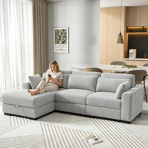 3-sitsig soffa, vadderad soffa för vardagsrum Cheslong soffa schäslong, modulär soffa, golvsoffa, L-formad panna, soffa med kudde och ottoman (grå, 3-sits + 1 fotstöd)