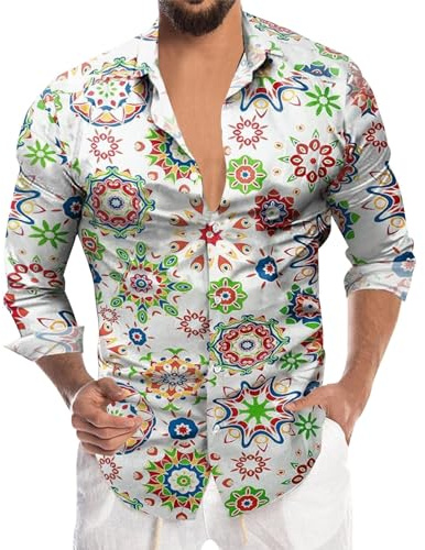 Camisa colorida para hombre de manga larga hippies de los años 70 floral arco iris retro flores hawaiano camisa casual casual camisa hawaiana fiesta calle camisas cachemira vintage moda camisa