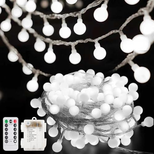 LED Lichterketten Globe Außen,15M 100 LED Lichterkette Kugeln,Weiße Kugel Batteriebetriebene Lichterkette,Globe Lichterketten Innen Außen,Batteriebetriebene Lichterketten mit Timer IP65 Wasserdicht