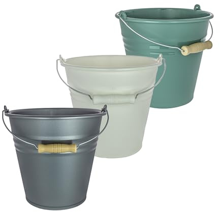 Kunststoff Eimer 7L, 3er Set, Putzeimer, Pastellgrün/Silber/Creme, Höhe 25cm, Ø 27cm, Made in EU