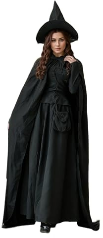 Conjunto de disfraz tradicional de bruja con vestido negro de longitud completa con sombrero y capa para Halloween, cosplay de bruja (M)