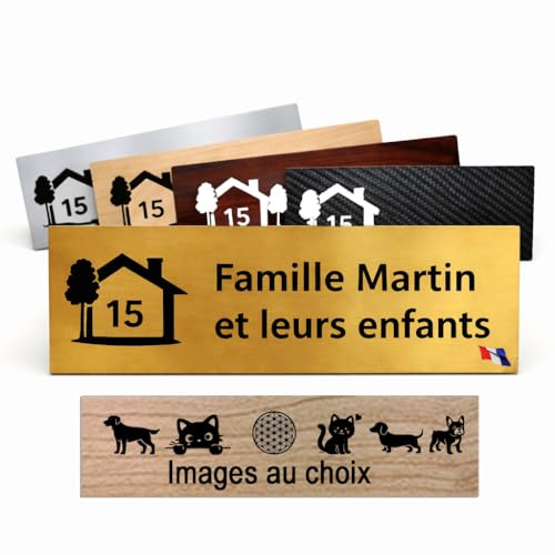 Plaque Boîte aux Lettres Personnalisée 10x2,5 cm - 1 à 3 Lignes Incluses - Acrylique Adhésif Or Brossé - Gravure Laser - 20 logo/Motifs au Choix