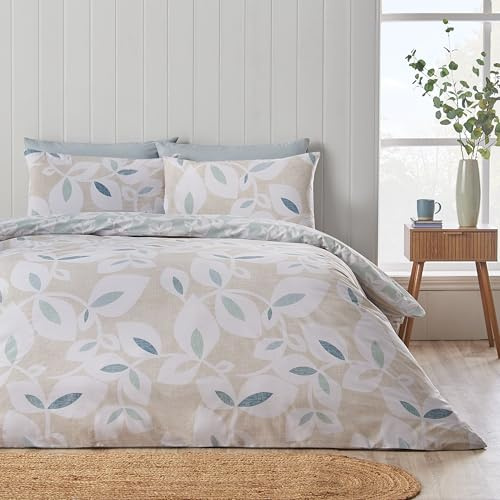 Catherine Lansfield Inga Leaf Reversible King Duvet Cover Set with Pillowcases Natural