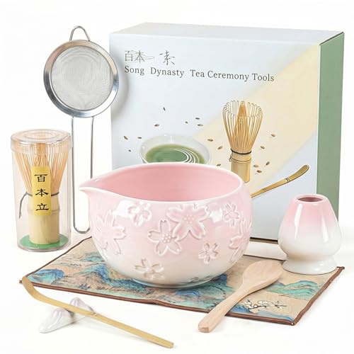 Matcha Set Rosa, 8 Teiliges Matcha Besen Set, mit Bambusbesen & Halter, Matcha Schale mit Auslauf, Sieb, Löffel, Halter, Teetuch, Japanisches Matcha Kit für Matcha-Liebhaber, Farbverlauf Rosa