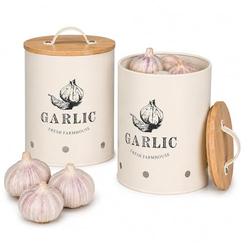 TIENDA EURASIA – Bote para Ajos con Tapa de Bambú | Recipiente de Almacenamiento Ventilado para Cocina y Despensa | Tarro Organizador para Conservación de Ajos | 11x11x17 cm (Crema)