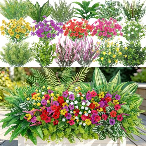 SOMYTING 24 piante artificiali fiori per esterni, fiori finti resistenti ai raggi UV, fiori di seta, arbusti in plastica, piante finte per giardino, portico, fioriera, finestra, decorazione per la