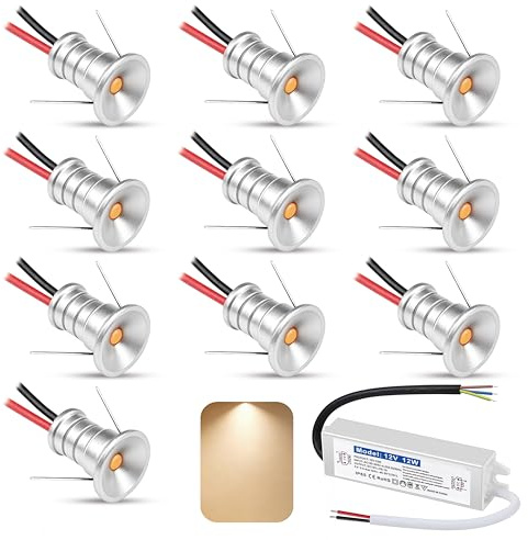 LEWUIYO 10er Set mini led Spot 12V 0.5W,Mini LED Einbaustrahler Ultra Klein EinbauØ 10mm,Warmweiß 3000K Deckenspots IP65 Led spots Einbauspots für Küche Decke Treppen,mit 230v Trafo (Silber Warmweiß)
