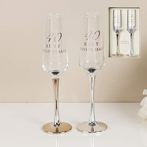CC - Set di 2 calici da champagne dritti per 40° anniversario di matrimonio, con steli argentati, personalizzabili