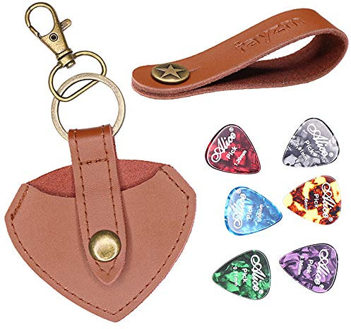 Rayzm Keychain Plektrenhalter mit 6-teiligem Plektrum, Ledergitarren-Plektrum-Tasche, Gitarrenspindelstock-Gurtknopf für akustische/elektrische/Bassgitarren