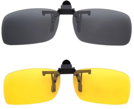 BOZEVON Clip auf Sonnenbrillen - Herren/Damen Flip-Up Polarisierende Sonnenbrillen Nachtsichtgläser Fit Over Brillenträger für Autofahren und Außenbereich, 1 * Grau & 1 * Gelb - S