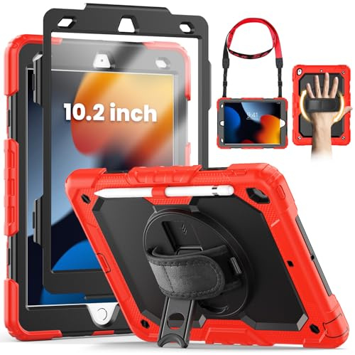 SEYMCY for iPad 9th/8th/7th Generation Case 10.2 Inch 2021/2020/2019 | Full-body Shockproof with Screen Protector, 360° Rotating Stand & Hand Strap, Shoulder Strap, Pencil Holder, Red
