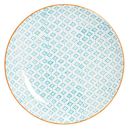 Nicola Spring Hand-Printed Dinner Plate - 25.5cm - Blue - Porcelain Decorative Patterned Dining Dish Plates for Snacks, Starters, Dinner, Dessert