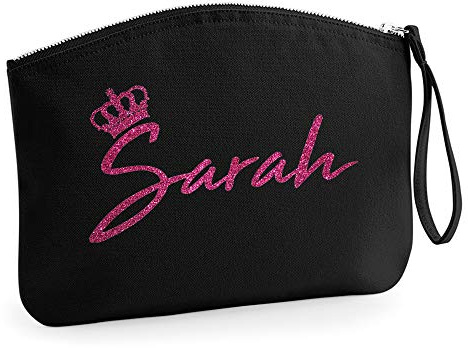 Personalisiert Name Initialen Kosmetiktasche Damen Schminktasche Handtasche Zubehör Taschen - Schwarz - L (28 x 22 cm) - Rosa Glitzer Königinnen Krone