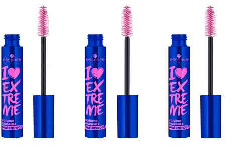 essence I LOVE EXTREME volume mascara waterproof, Schwarz, langanhaltend, volumengebend, schwunggebend, intensiv, vegan, wasserfest, ohne Mikroplastikpartikel, Nanopartikel frei, 3er Pack (3x12ml)
