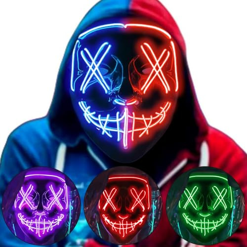 Masque d'Halloween à LED pour costume d'Halloween - Pour festival, fête, carnaval, Noël, cosplay, brille dans le noir (bleu + rouge)