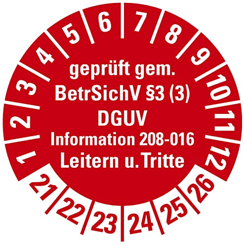 100 Stück - Prüfplakette Mehrjahresprüfplakette geprüft gemäß Leitern/Tritte, BetrSichV §3 | 21-26 Etikett Folie Aufkleber, rot | Ø15-40mm Made in Germany, Größe: Ø20 mm